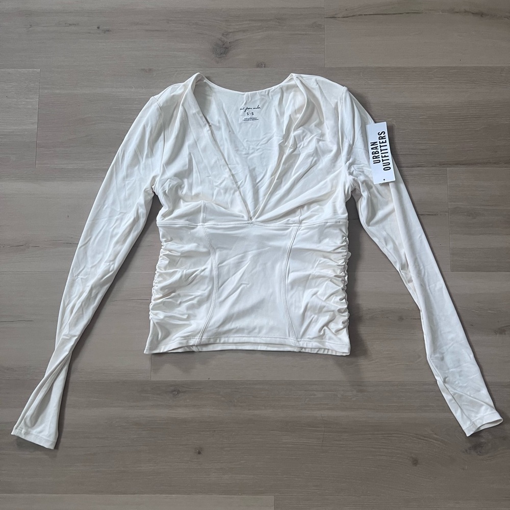 Urban Outfitters Cream Ruched V-Neck Long Sleeve Top